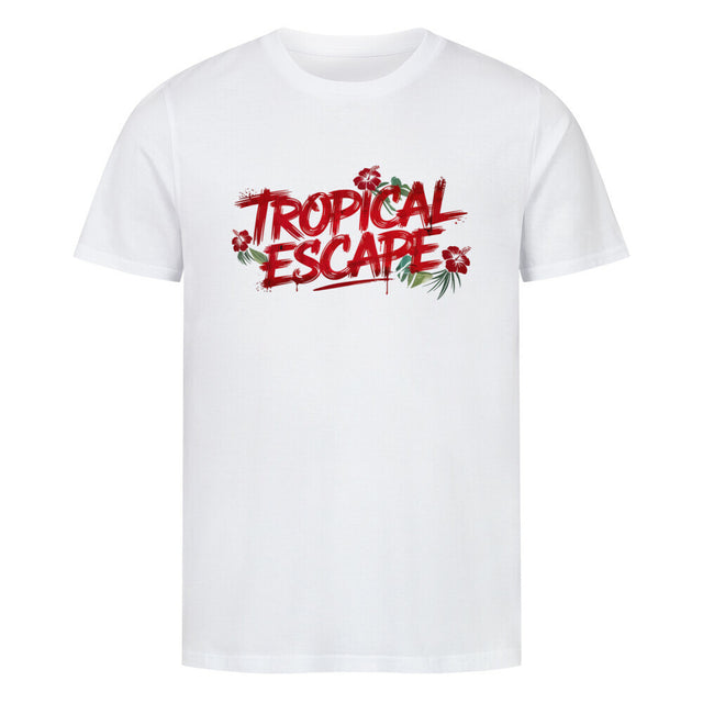 T-Shirt mit Tropical Escape Print am Strand – nachhaltige Unisex Mode von TeeTreeTrendz
