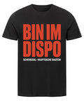 Schwarzes Unisex T-Shirt von TeeTreeTrendz mit rotem Aufdruck 'Bin im Dispo' und weißem Text 'Scheißegal Hauptsache Saufen'. Lässige Passform aus 100% Bio-Baumwolle, perfekt für Partys und Urlaub."