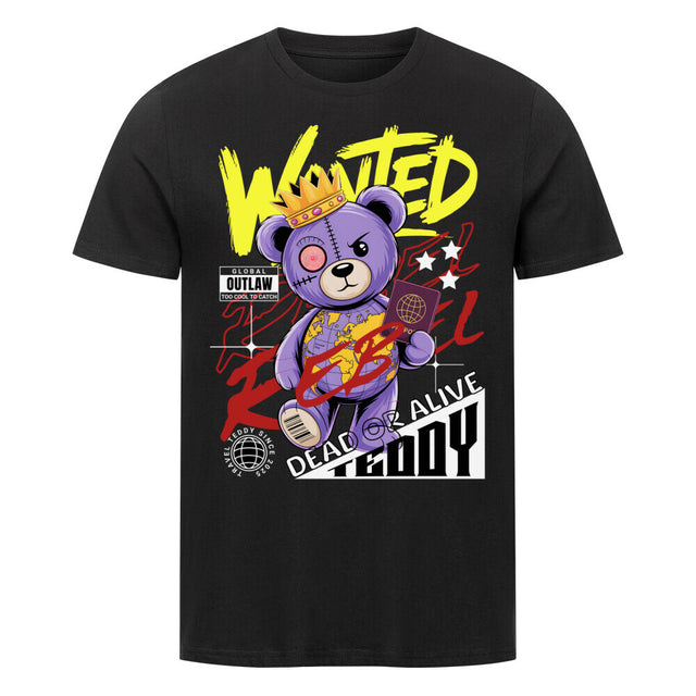 Lila Teddy mit Krone auf Weltkarten-Design – Wanted Rebel Motiv auf T-Shirt