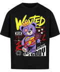 Oversized T-Shirt mit Wanted Rebel Teddy Motiv – lila Teddy mit Krone & Weltkarte