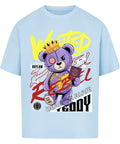 Oversized T-Shirt mit Wanted Rebel Teddy Motiv – lila Teddy mit Krone & Weltkarte