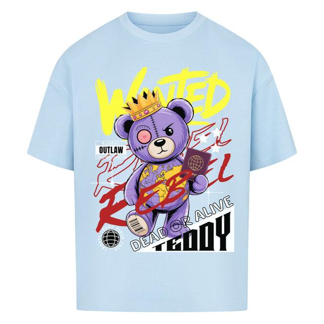 Oversized T-Shirt mit Wanted Rebel Teddy Motiv – lila Teddy mit Krone & Weltkarte