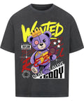Oversized T-Shirt mit Wanted Rebel Teddy Motiv – lila Teddy mit Krone & Weltkarte