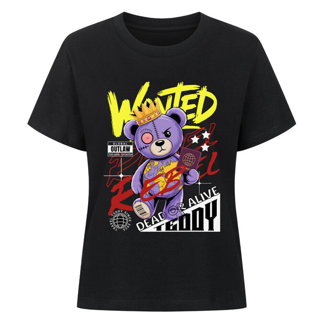 Wanted Rebel Teddy Damen T-Shirt – lila Teddy mit Weltkarte & Krone auf femininem Schnitt