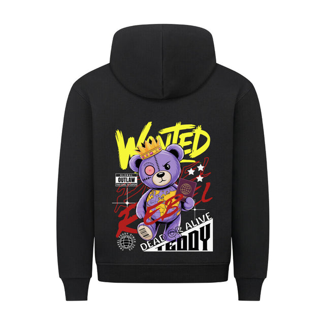 Wanted Rebel Teddy Hoodie – lila Teddy mit Krone, Pass & Weltkarte auf Premium-Hoodie