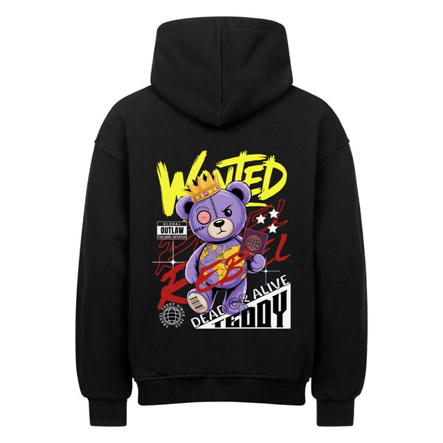 Oversized Hoodie mit Wanted Rebel Teddy Motiv – lila Teddy mit Krone & Weltkarte