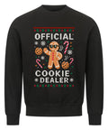 Schwarzer Ugly Christmas Sweater mit Lebkuchenmann, Cookies und dem Spruch „Official Cookie Dealer“.