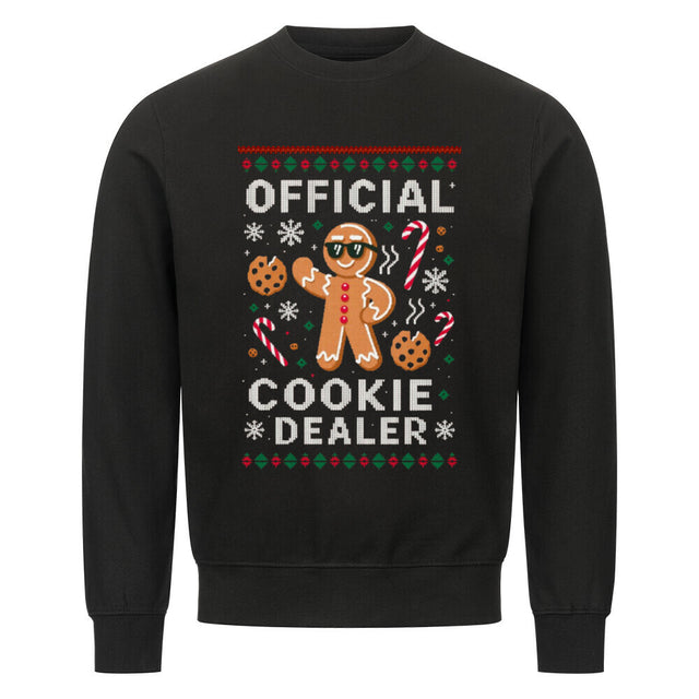 Schwarzer Ugly Christmas Sweater mit Lebkuchenmann, Cookies und dem Spruch „Official Cookie Dealer“.