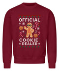 Ugly Christmas Sweater mit Lebkuchenmann, Cookies und dem Spruch „Official Cookie Dealer“.