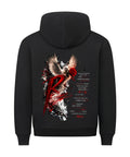 Resonance Premium Hoodie in Weiß mit großem Backprint aus Taube, roter Rose, Ketten und Streetwear Typografie