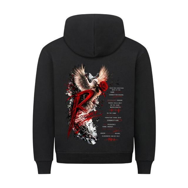 Resonance Premium Hoodie in Weiß mit großem Backprint aus Taube, roter Rose, Ketten und Streetwear Typografie