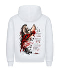 Resonance Premium Hoodie in Weiß mit großem Backprint aus Taube, roter Rose, Ketten und Streetwear Typografie