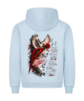 Resonance Premium Hoodie in Weiß mit großem Backprint aus Taube, roter Rose, Ketten und Streetwear Typografie
