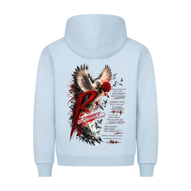 Resonance Premium Hoodie in Weiß mit großem Backprint aus Taube, roter Rose, Ketten und Streetwear Typografie