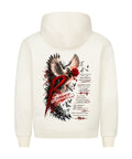 Resonance Premium Hoodie in Weiß mit großem Backprint aus Taube, roter Rose, Ketten und Streetwear Typografie