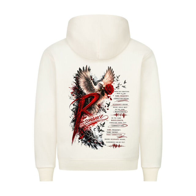 Resonance Premium Hoodie in Weiß mit großem Backprint aus Taube, roter Rose, Ketten und Streetwear Typografie