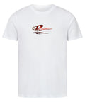 Weißes Unisex T-Shirt mit großem Resonance Backprint in Rot, Schwarz und Weiß mit Taube, Rosenmotiv und künstlerischem Statement-Design auf der Rückseite