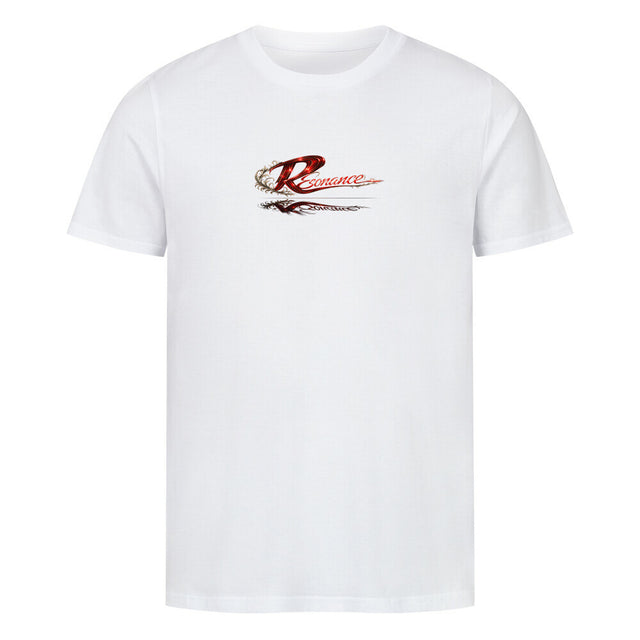 Weißes Unisex T-Shirt mit großem Resonance Backprint in Rot, Schwarz und Weiß mit Taube, Rosenmotiv und künstlerischem Statement-Design auf der Rückseite