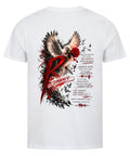 Weißes Unisex T-Shirt mit großem Resonance Backprint in Rot, Schwarz und Weiß mit Taube, Rosenmotiv und künstlerischem Statement-Design auf der Rückseite