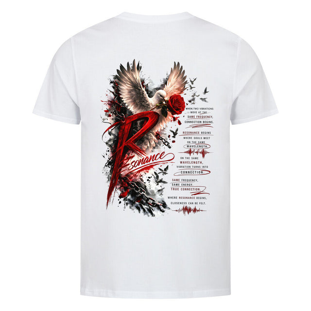 Weißes Unisex T-Shirt mit großem Resonance Backprint in Rot, Schwarz und Weiß mit Taube, Rosenmotiv und künstlerischem Statement-Design auf der Rückseite