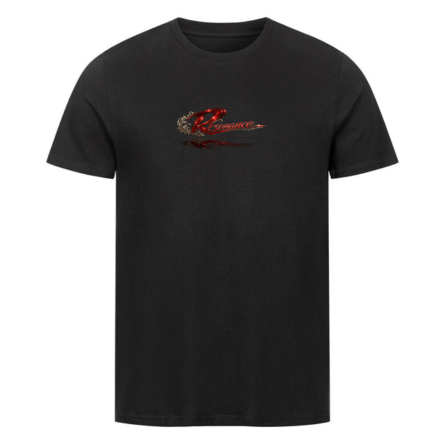 Schwarzes Unisex T-Shirt mit großem Resonance Backprint in Rot, Schwarz und Weiß mit Taube, Rosenmotiv und künstlerischem Statement-Design auf der Rückseite