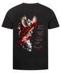 Schwarzes Unisex T-Shirt mit großem Resonance Backprint in Rot, Schwarz und Weiß mit Taube, Rosenmotiv und künstlerischem Statement-Design auf der Rückseite