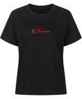 Damen T-Shirt mit großem Resonance Backprint in Rot, Schwarz und Weiß mit Taube, Rose und künstlerischem Statement-Design auf der Rückseite