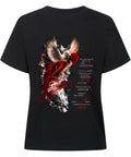Damen T-Shirt mit großem Resonance Backprint in Rot, Schwarz und Weiß mit Taube, Rose und künstlerischem Statement-Design auf der Rückseite