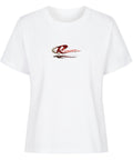 Damen T-Shirt mit großem Resonance Backprint in Rot, Schwarz und Weiß mit Taube, Rose und künstlerischem Statement-Design auf der Rückseite