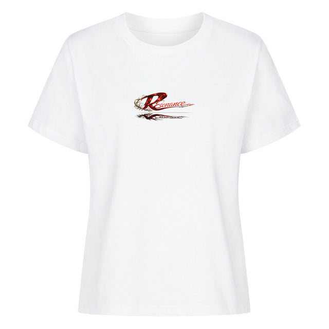 Damen T-Shirt mit großem Resonance Backprint in Rot, Schwarz und Weiß mit Taube, Rose und künstlerischem Statement-Design auf der Rückseite