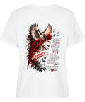 Damen T-Shirt mit großem Resonance Backprint in Rot, Schwarz und Weiß mit Taube, Rose und künstlerischem Statement-Design auf der Rückseite