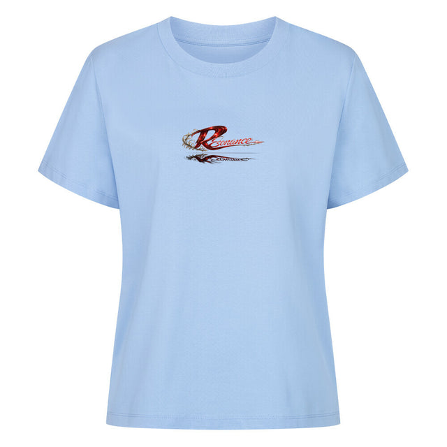 Damen T-Shirt mit großem Resonance Backprint in Rot, Schwarz und Weiß mit Taube, Rose und künstlerischem Statement-Design auf der Rückseite