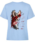 Damen T-Shirt mit großem Resonance Backprint in Rot, Schwarz und Weiß mit Taube, Rose und künstlerischem Statement-Design auf der Rückseite