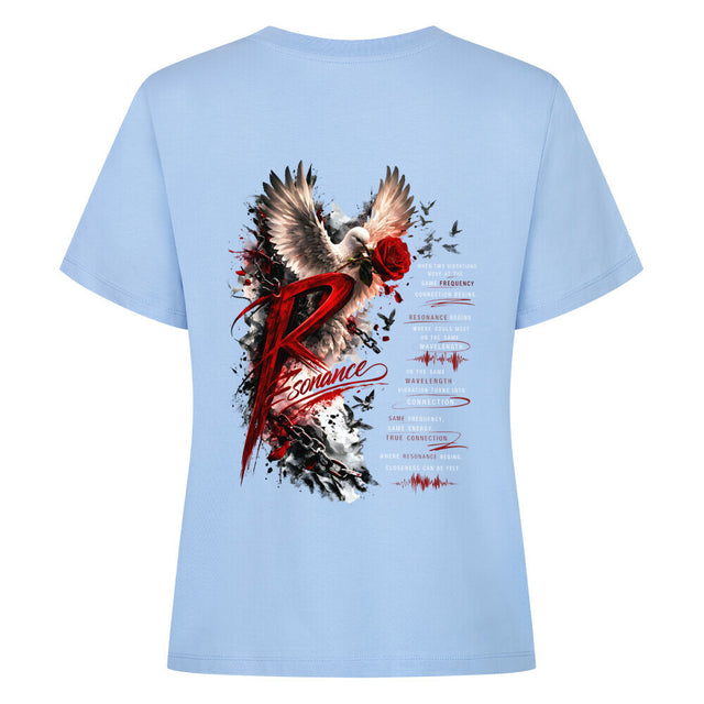 Damen T-Shirt mit großem Resonance Backprint in Rot, Schwarz und Weiß mit Taube, Rose und künstlerischem Statement-Design auf der Rückseite