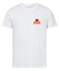 Weiß Unisex T-Shirt mit großem orange-weißem AFTERLIFE PARADISE Backprint, Palmen-Sonnenuntergang und Streetwear-Design an einem Zaun.