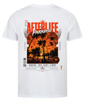 Weiß Unisex T-Shirt mit großem orange-weißem AFTERLIFE PARADISE Backprint, Palmen-Sonnenuntergang und Streetwear-Design an einem Zaun.
