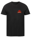 Schwarzes Unisex T-Shirt mit großem orange-weißem AFTERLIFE PARADISE Backprint, Palmen-Sonnenuntergang und Streetwear-Design an einem Zaun.