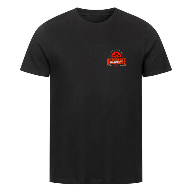 Schwarzes Unisex T-Shirt mit großem orange-weißem AFTERLIFE PARADISE Backprint, Palmen-Sonnenuntergang und Streetwear-Design an einem Zaun.