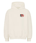 Weißer Oversized Hoodie mit kleinem MOVE DIFFERENT Frontprint und großem NOT HERE TO FIT IN Backprint in Rot und Schwarz.