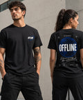 Schwarzes Unisex T-Shirt mit kleinem OFFLINE Frontprint und großem blauen OFFLINE WORLD Globus-Backprint auf dem Rücken.