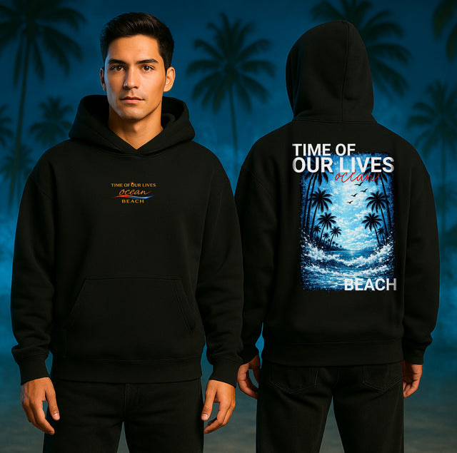 Oversized Premium-Hoodie mit großem Ocean Beach Rückenprint in Blau mit Palmen, Wellen und sommerlichem Statement-Design