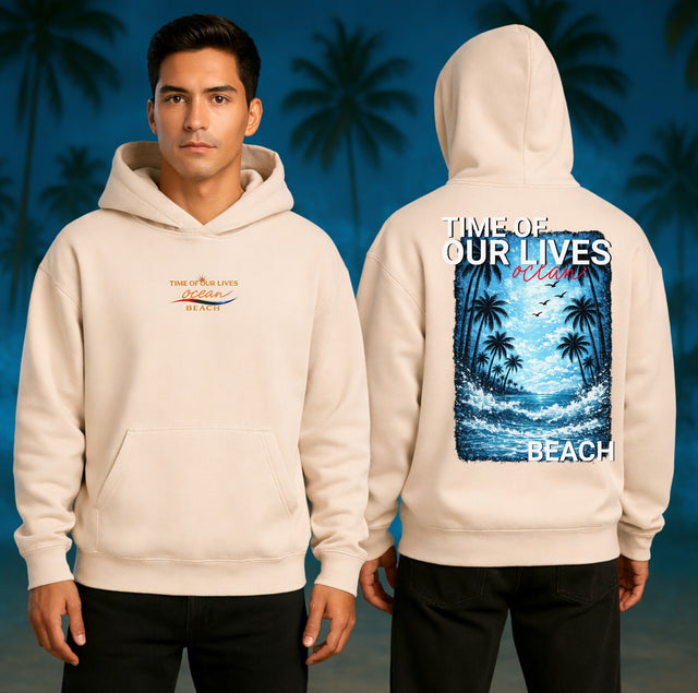 Oversized Premium-Hoodie mit großem Ocean Beach Rückenprint in Blau mit Palmen, Wellen und sommerlichem Statement-Design