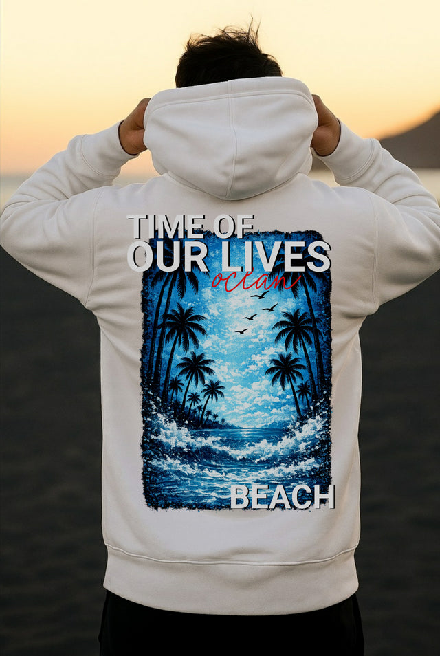 Oversized Premium-Hoodie mit großem Ocean Beach Rückenprint in Blau mit Palmen, Wellen und sommerlichem Statement-Design